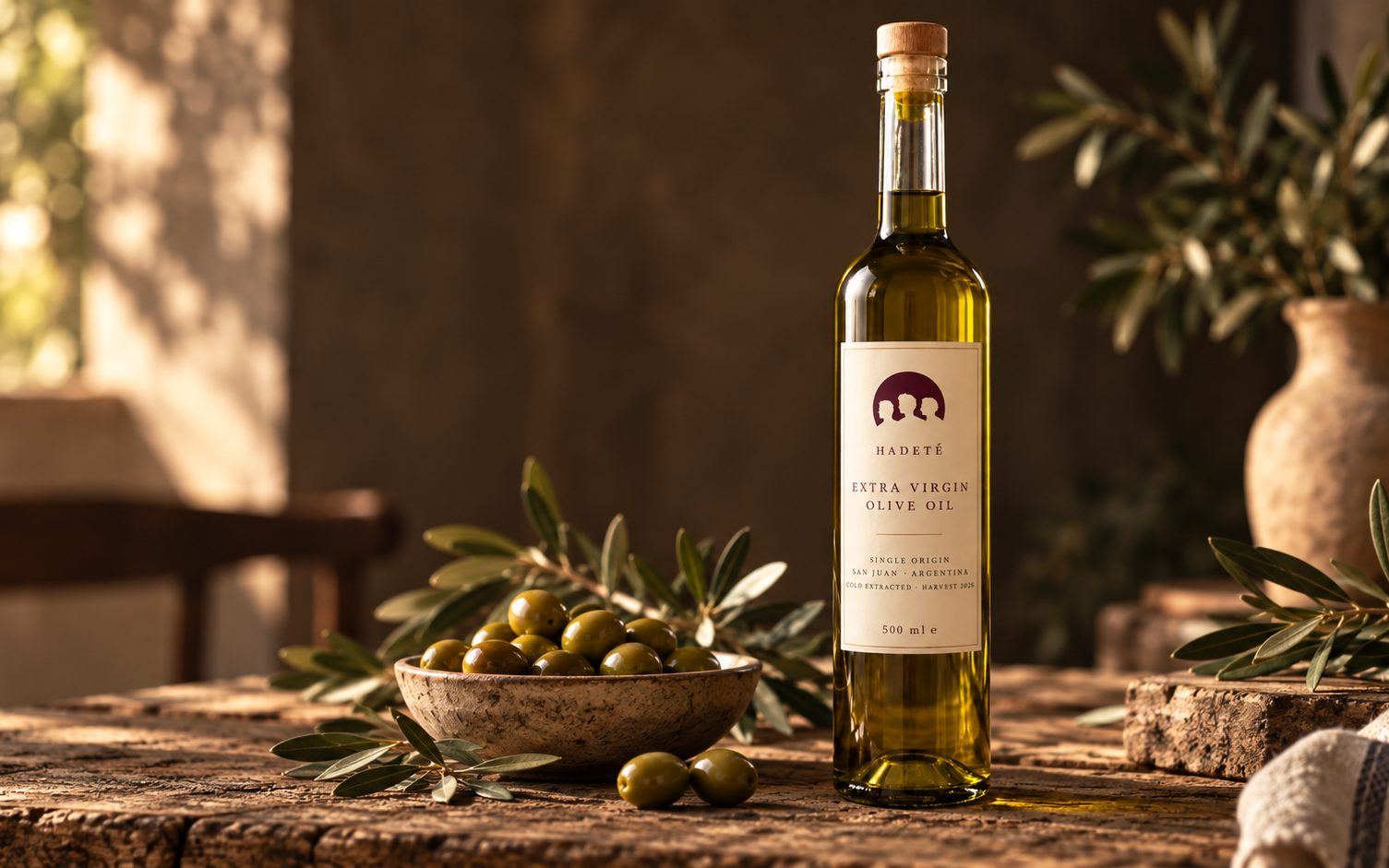 Hadeté extra virgin olive oil on a table with olives